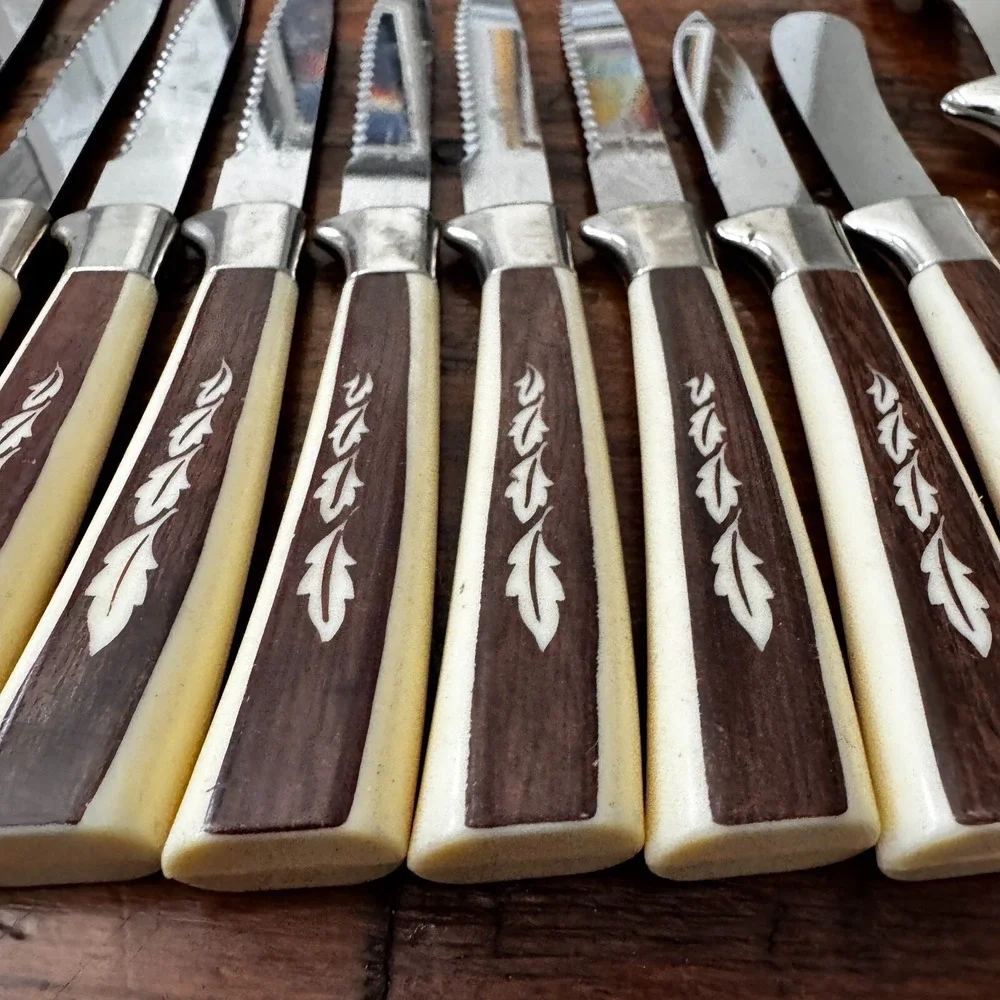MCM‎ Vintage 10 Regent Sheffield Kitchen Knives & One fork Ivory Brown Leaf